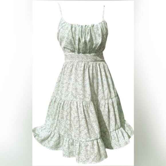 3/$20 SHEIN Floral Print Cami Dress Ruched Smocked Tiered Ruffle Babydoll Green - Picture 3 of 16